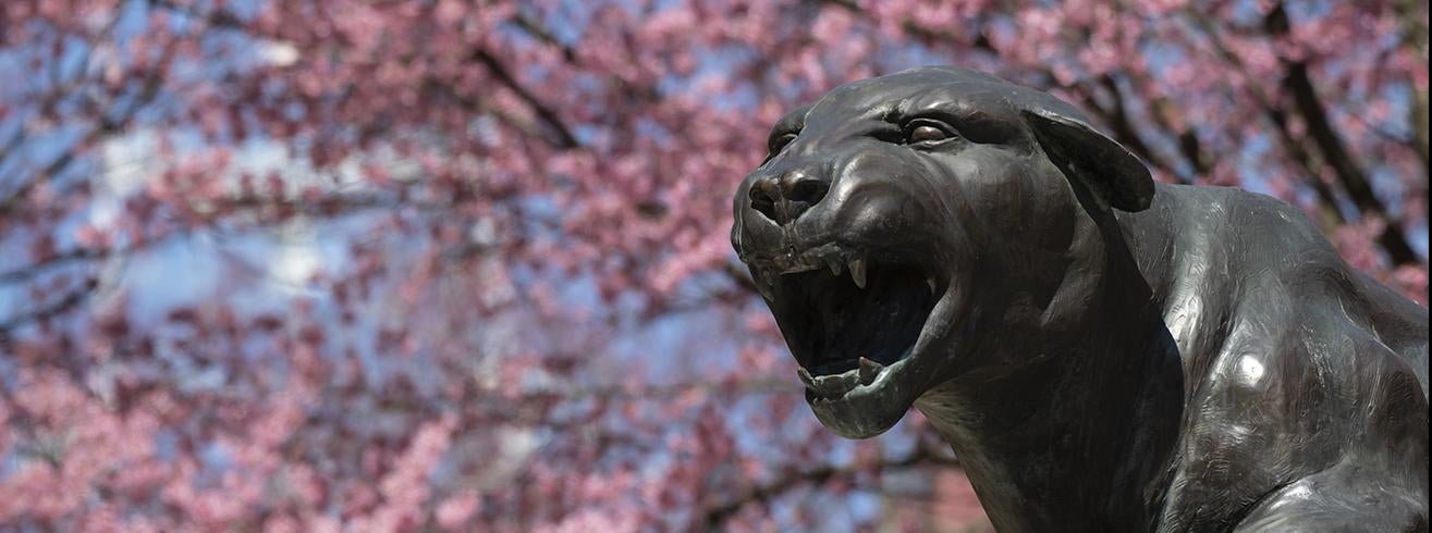 panther statues with pink blooming tree in background