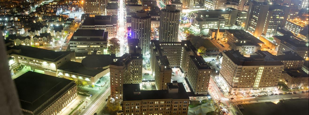 aerial view of Pittsburgh campus at night