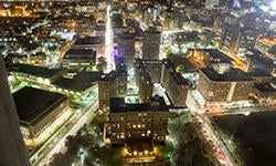 aerial view of Pittsburgh campus at night